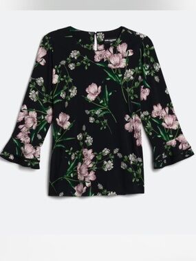 Karl Lagerfeld Navy Blue Floral Bell-Sleeve Blouse with Pink Flowers